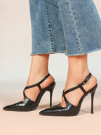 Women's Black Textured Leather Slingback Heeled Pumps Pointed Toe Stiletto Shoes Office Pumps