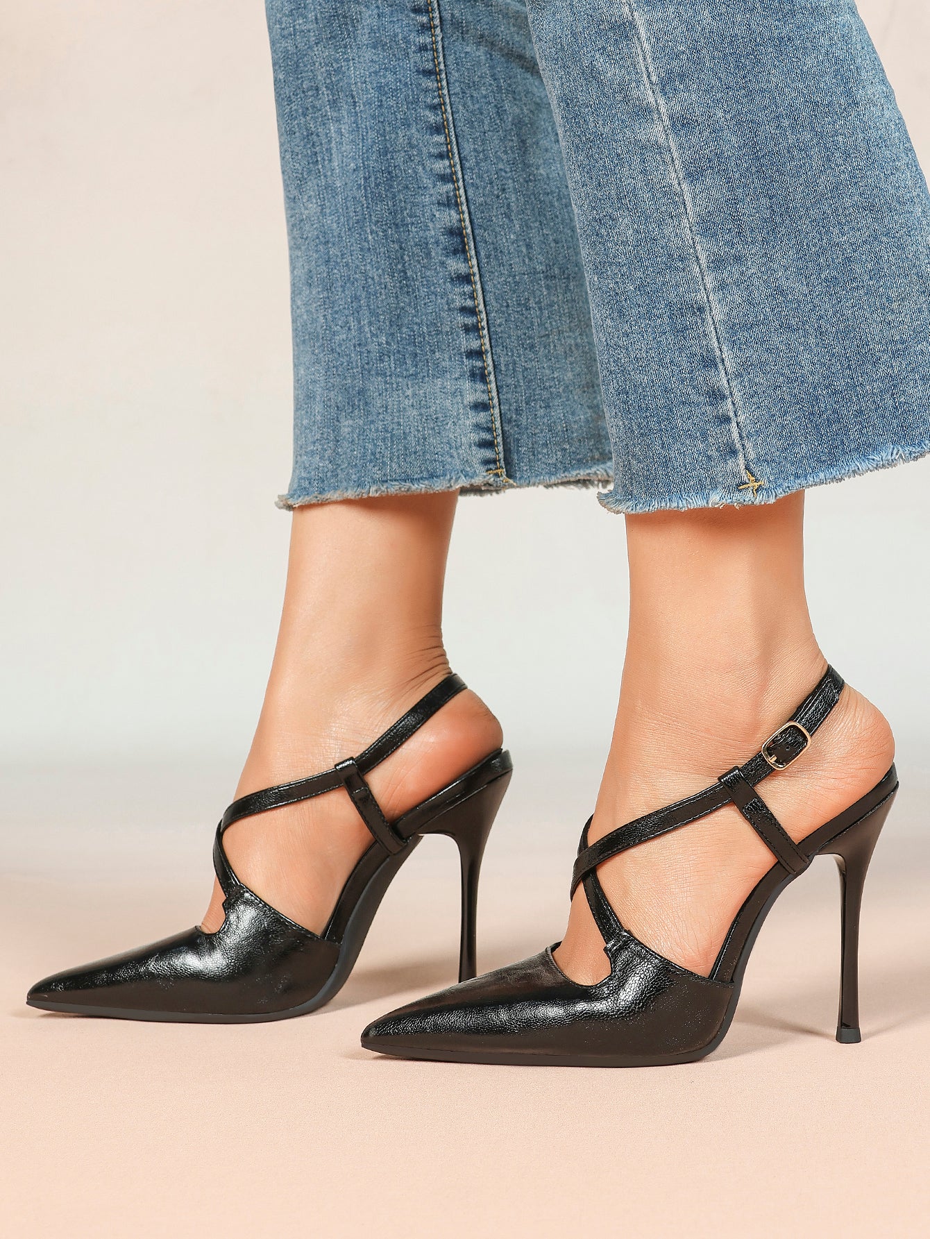Women's Black Textured Leather Slingback Heeled Pumps Pointed Toe Stiletto Shoes Office Pumps