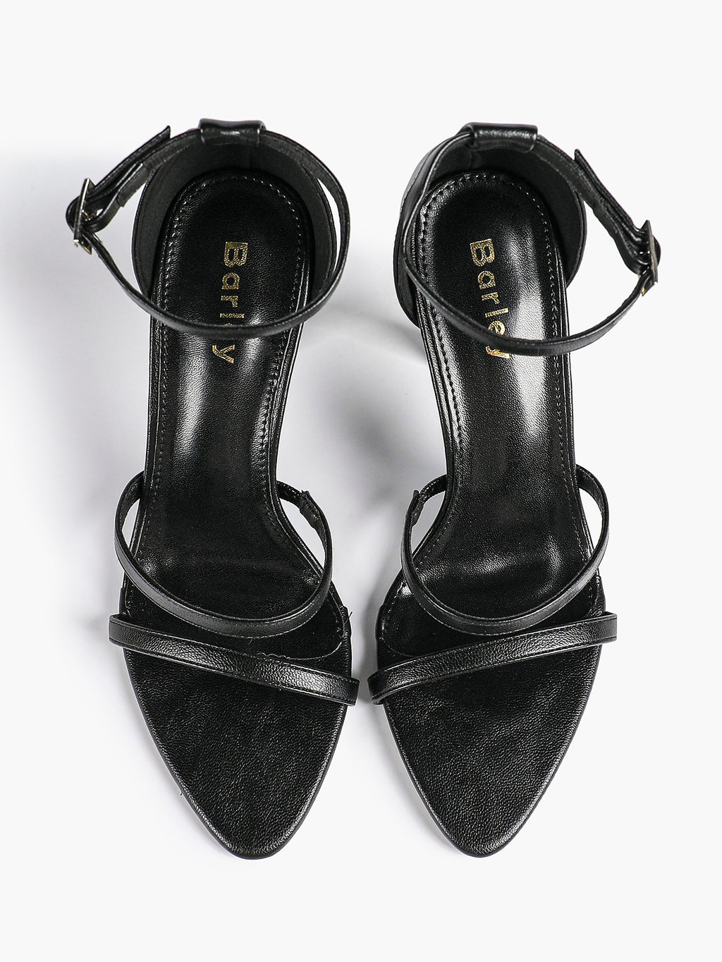 Black Leather Double Strap Heeled Sandals Open Toe - Casual Office Stiletto Pumps