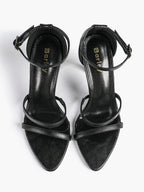 Black Leather Double Strap Heeled Sandals Open Toe - Casual Office Stiletto Pumps