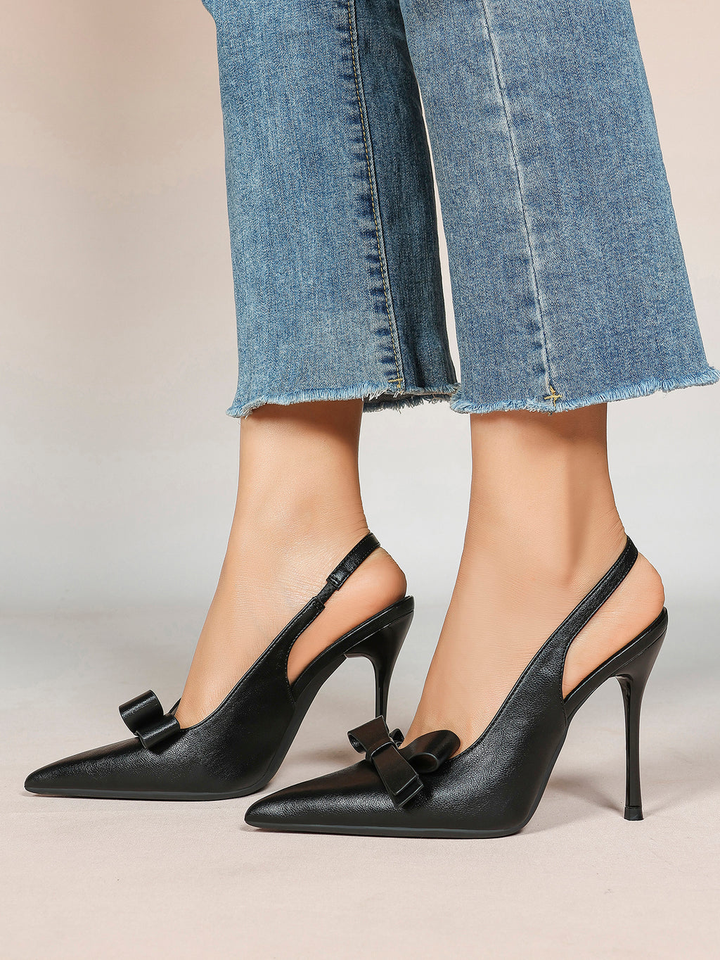 Pointed Toe Bow Detail Slingback Heels - Office Formal Evening Pumps