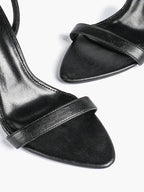 Black Leather Square Toe Ankle Strap High Heel Sandals