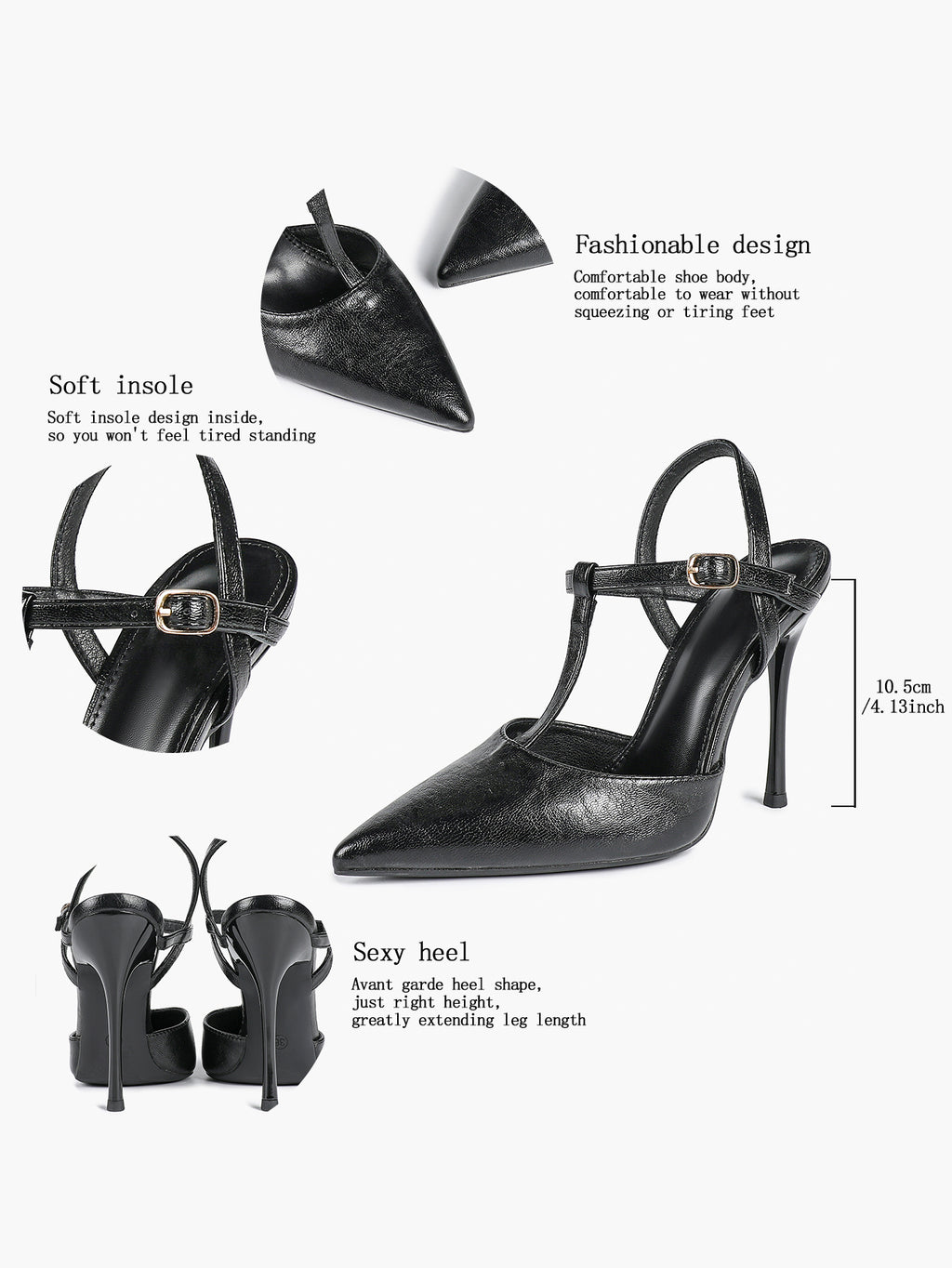 Black Textured Leather T-Strap Slingback Heeled Pumps Pointed Toe Stiletto Classic Pumps