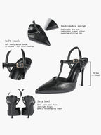 Black Textured Leather T-Strap Slingback Heeled Pumps Pointed Toe Stiletto Classic Pumps