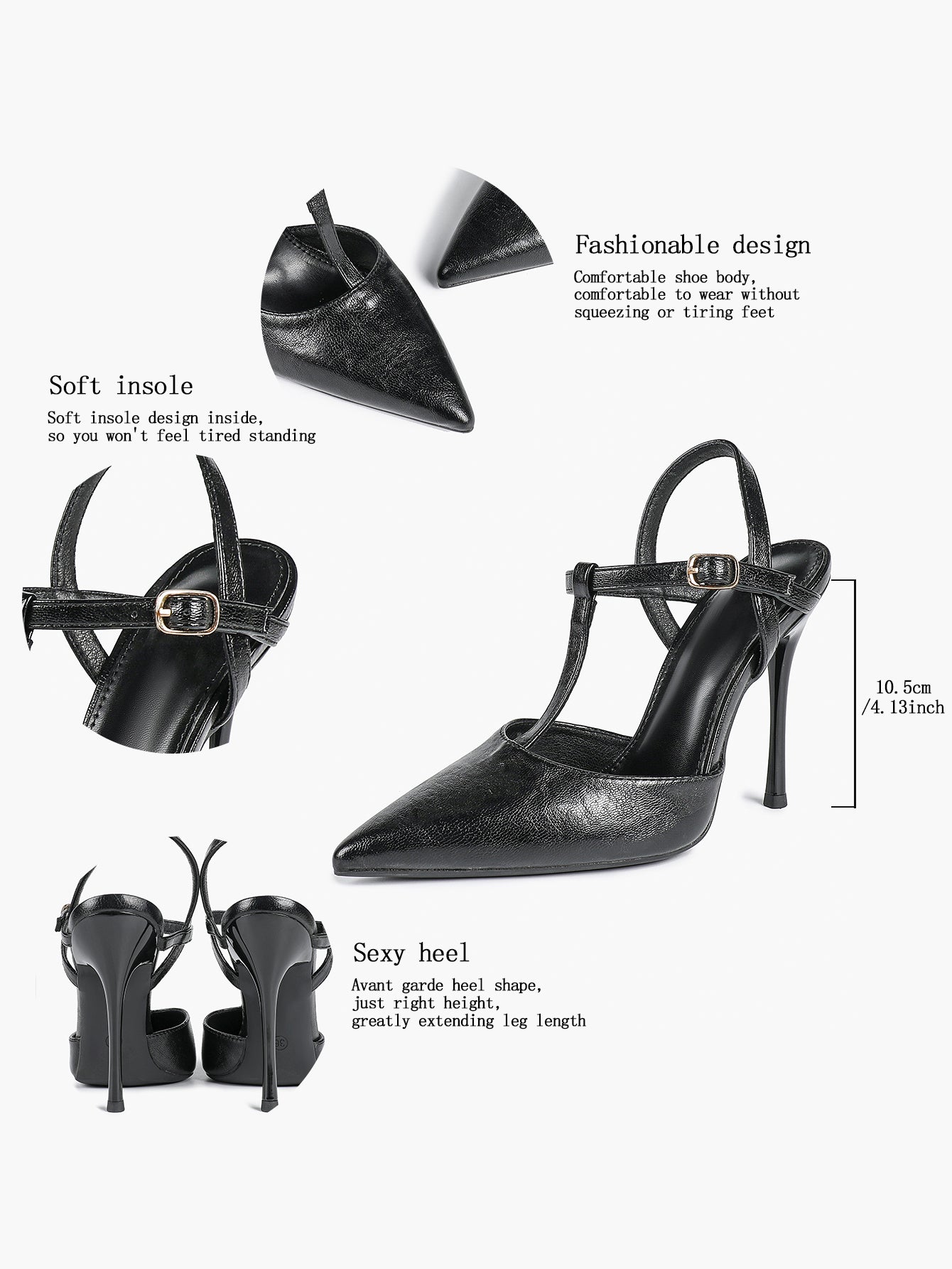 Black Textured Leather T-Strap Slingback Heeled Pumps Pointed Toe Stiletto Classic Pumps