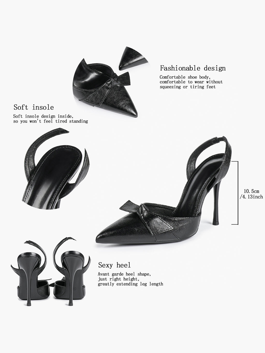 Black Leather Bow Slingback Heeled Pumps Pointed Toe Stiletto Office Evening Shoes