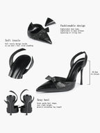 Black Leather Bow Slingback Heeled Pumps Pointed Toe Stiletto Office Evening Shoes