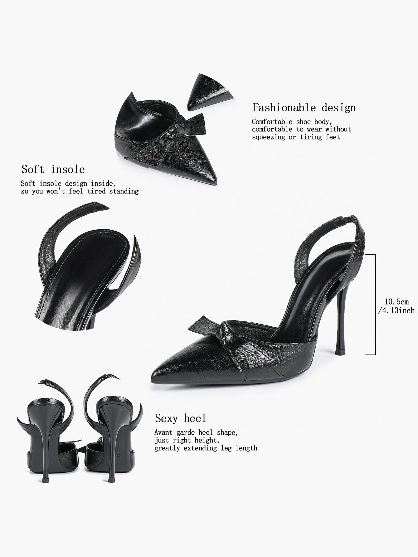 Black Leather Bow Slingback Heeled Pumps Pointed Toe Stiletto Office Evening Shoes