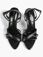 Women's Black Patent Leather Multi-Strap Ankle Strap Heeled Sandals - Summer Party Heels