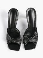 Pink Mesh Panel Bow Square Toe Heeled Mules Stiletto Slide Sandals Party Daily Wear