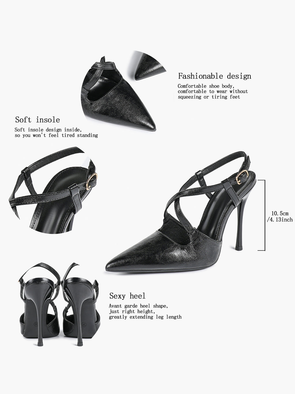 Women's Black Textured Leather Slingback Heeled Pumps Pointed Toe Stiletto Shoes Office Pumps