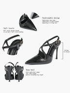 Women's Black Textured Leather Slingback Heeled Pumps Pointed Toe Stiletto Shoes Office Pumps