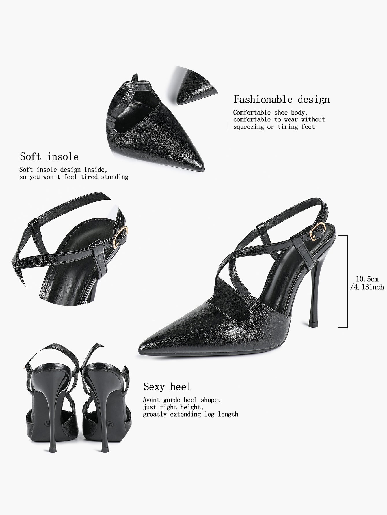 Women's Black Textured Leather Slingback Heeled Pumps Pointed Toe Stiletto Shoes Office Pumps
