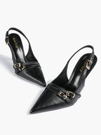 Leather Multi Buckle Slingback Pointed Toe Stiletto Heels-Elegant Dress Shoes