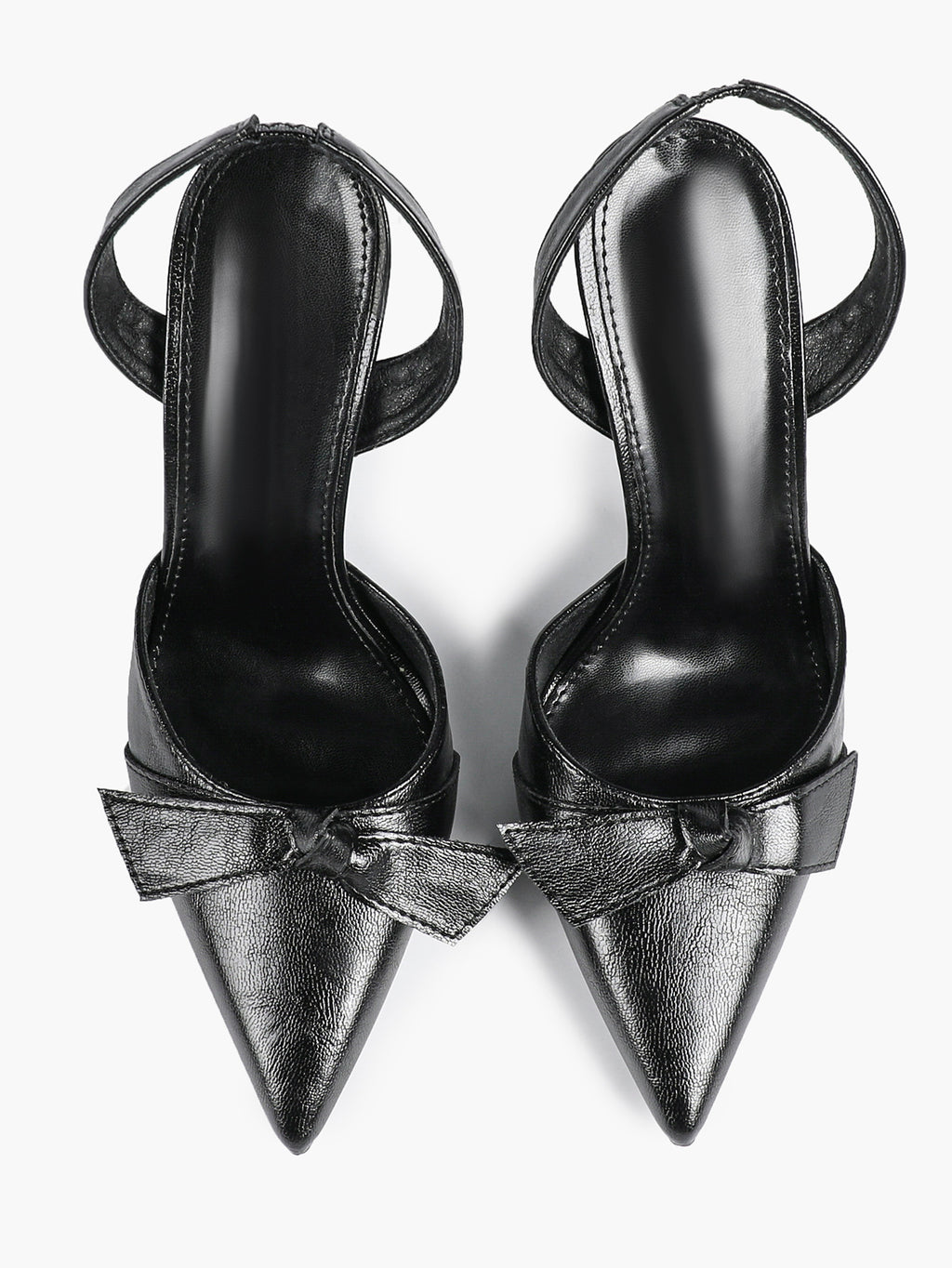 Black Leather Bow Slingback Heeled Pumps Pointed Toe Stiletto Office Evening Shoes