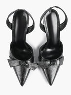 Black Leather Bow Slingback Heeled Pumps Pointed Toe Stiletto Office Evening Shoes