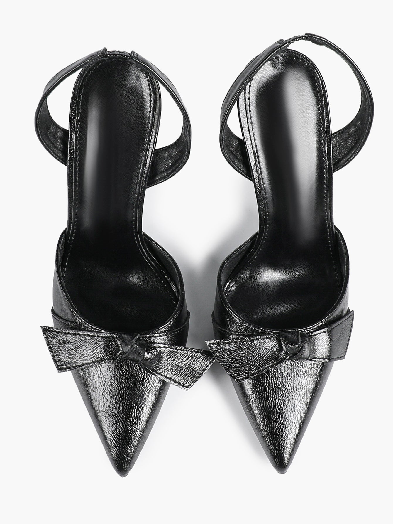 Black Leather Bow Slingback Heeled Pumps Pointed Toe Stiletto Office Evening Shoes