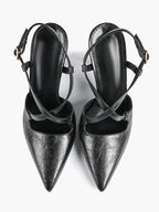 Women's Black Textured Leather Slingback Heeled Pumps Pointed Toe Stiletto Shoes Office Pumps