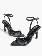 Black Leather Square Toe Ankle Strap High Heel Sandals