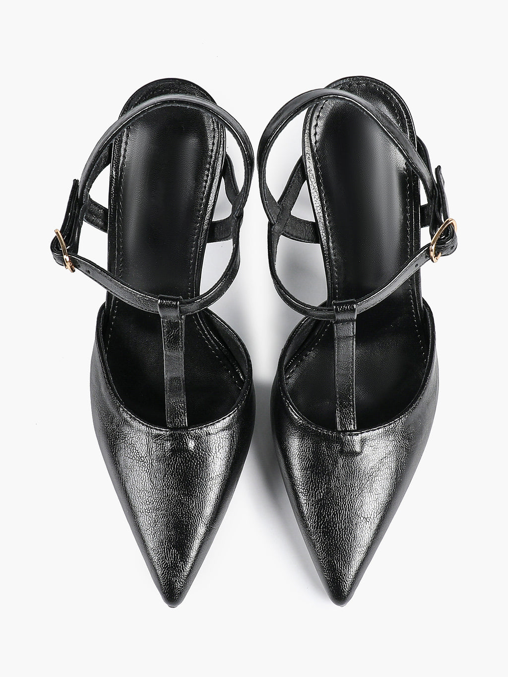 Black Textured Leather T-Strap Slingback Heeled Pumps Pointed Toe Stiletto Classic Pumps