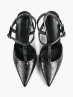 Black Textured Leather T-Strap Slingback Heeled Pumps Pointed Toe Stiletto Classic Pumps