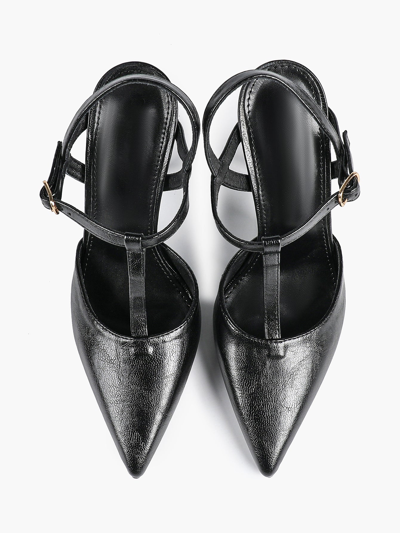 Black Textured Leather T-Strap Slingback Heeled Pumps Pointed Toe Stiletto Classic Pumps