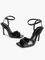 Women's Black Square Toe Ankle Strap Heeled Sandals Wedding Party Casual Shoes
