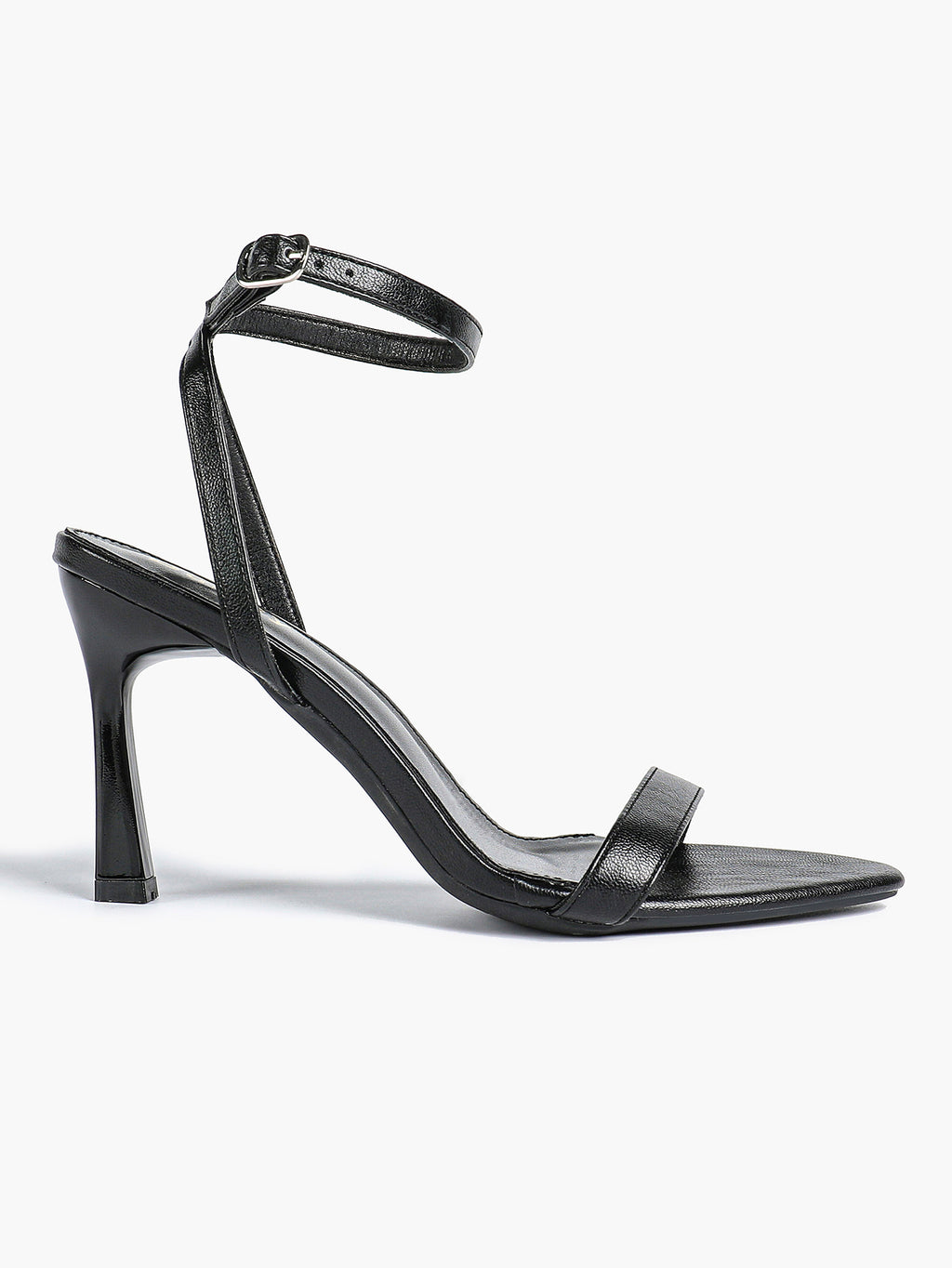 Black Leather Square Toe Ankle Strap High Heel Sandals