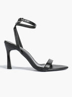 Black Leather Square Toe Ankle Strap High Heel Sandals