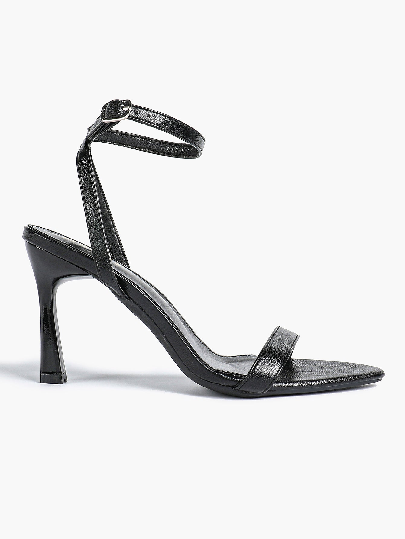 Black Leather Square Toe Ankle Strap High Heel Sandals