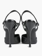 Black Textured Leather T-Strap Slingback Heeled Pumps Pointed Toe Stiletto Classic Pumps