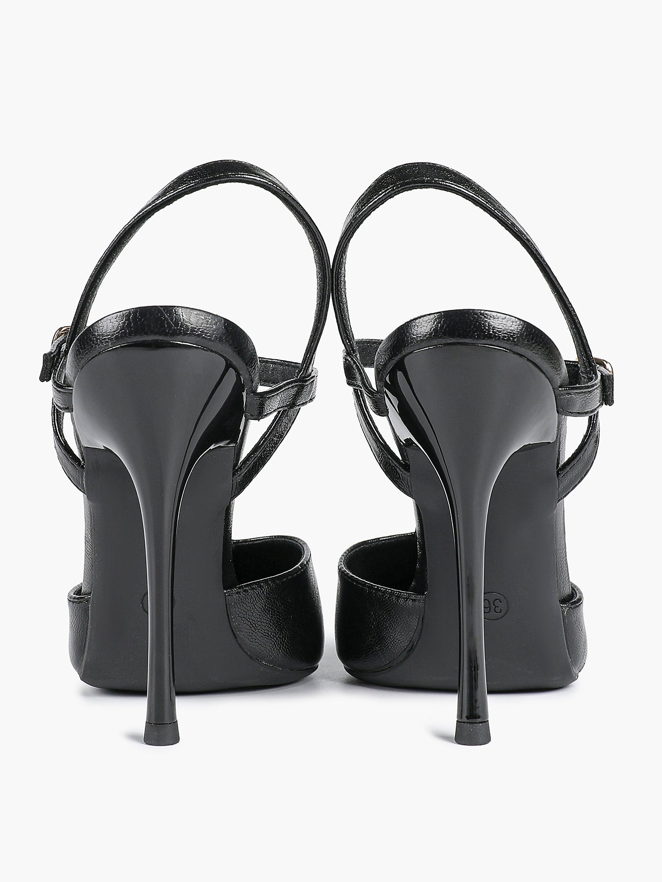 Black Textured Leather T-Strap Slingback Heeled Pumps Pointed Toe Stiletto Classic Pumps