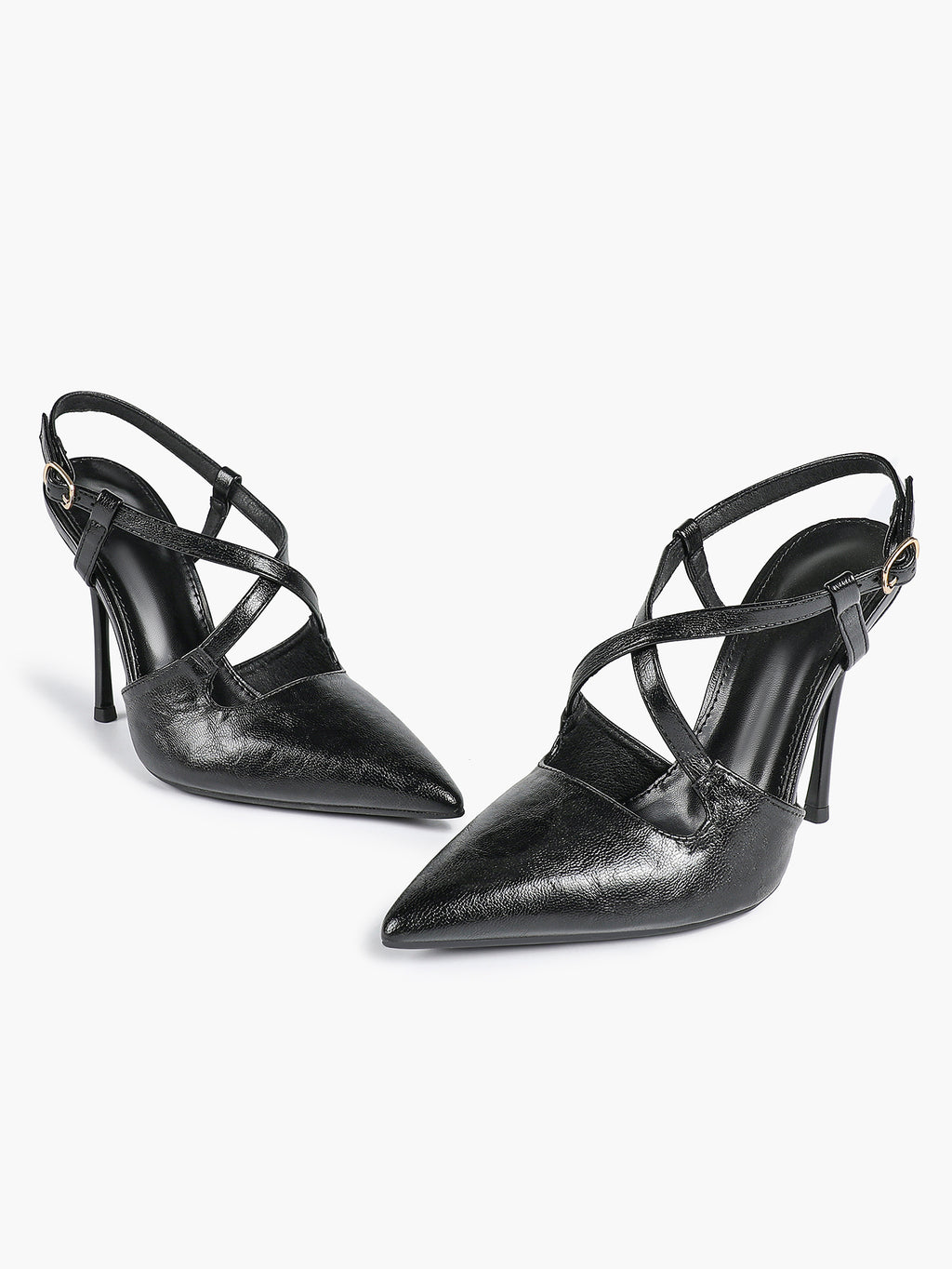 Women's Black Textured Leather Slingback Heeled Pumps Pointed Toe Stiletto Shoes Office Pumps
