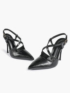 Women's Black Textured Leather Slingback Heeled Pumps Pointed Toe Stiletto Shoes Office Pumps