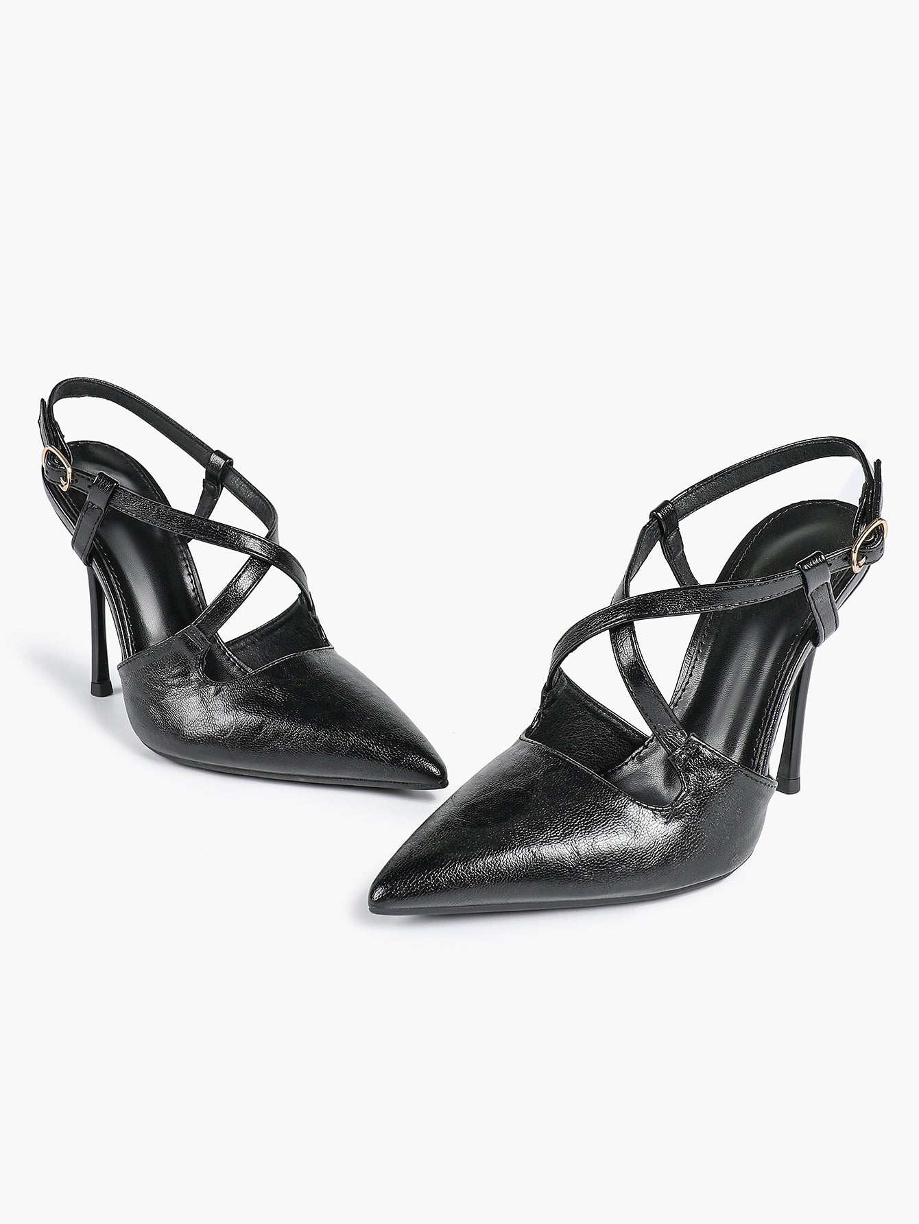 Women's Black Textured Leather Slingback Heeled Pumps Pointed Toe Stiletto Shoes Office Pumps