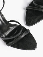 Black Leather Double Strap Heeled Sandals Open Toe - Casual Office Stiletto Pumps