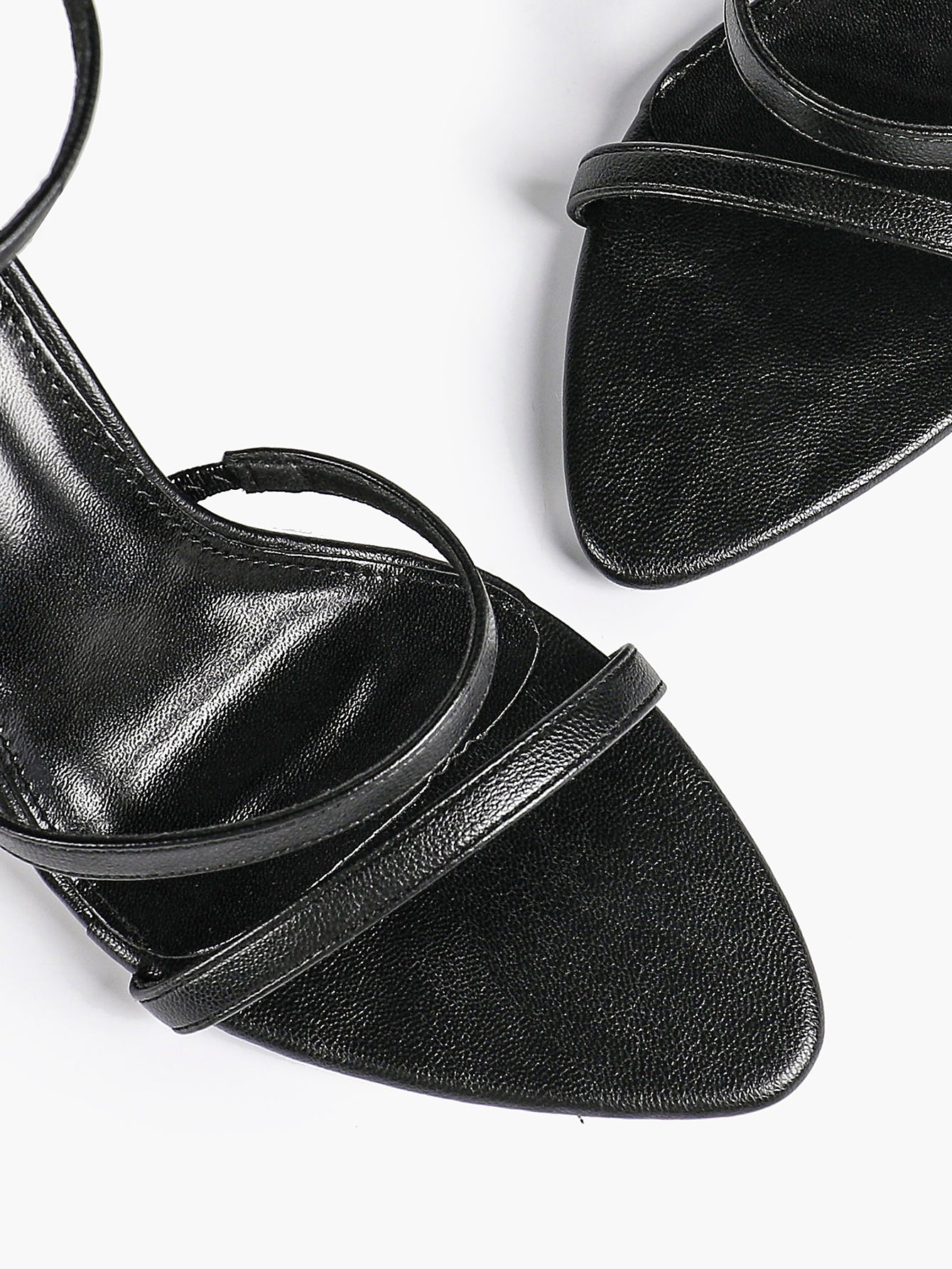 Black Leather Double Strap Heeled Sandals Open Toe - Casual Office Stiletto Pumps