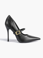 Elegant Black Pointed Stiletto Heels | Leather Strap with Gold Buckle ISHIFIVAN