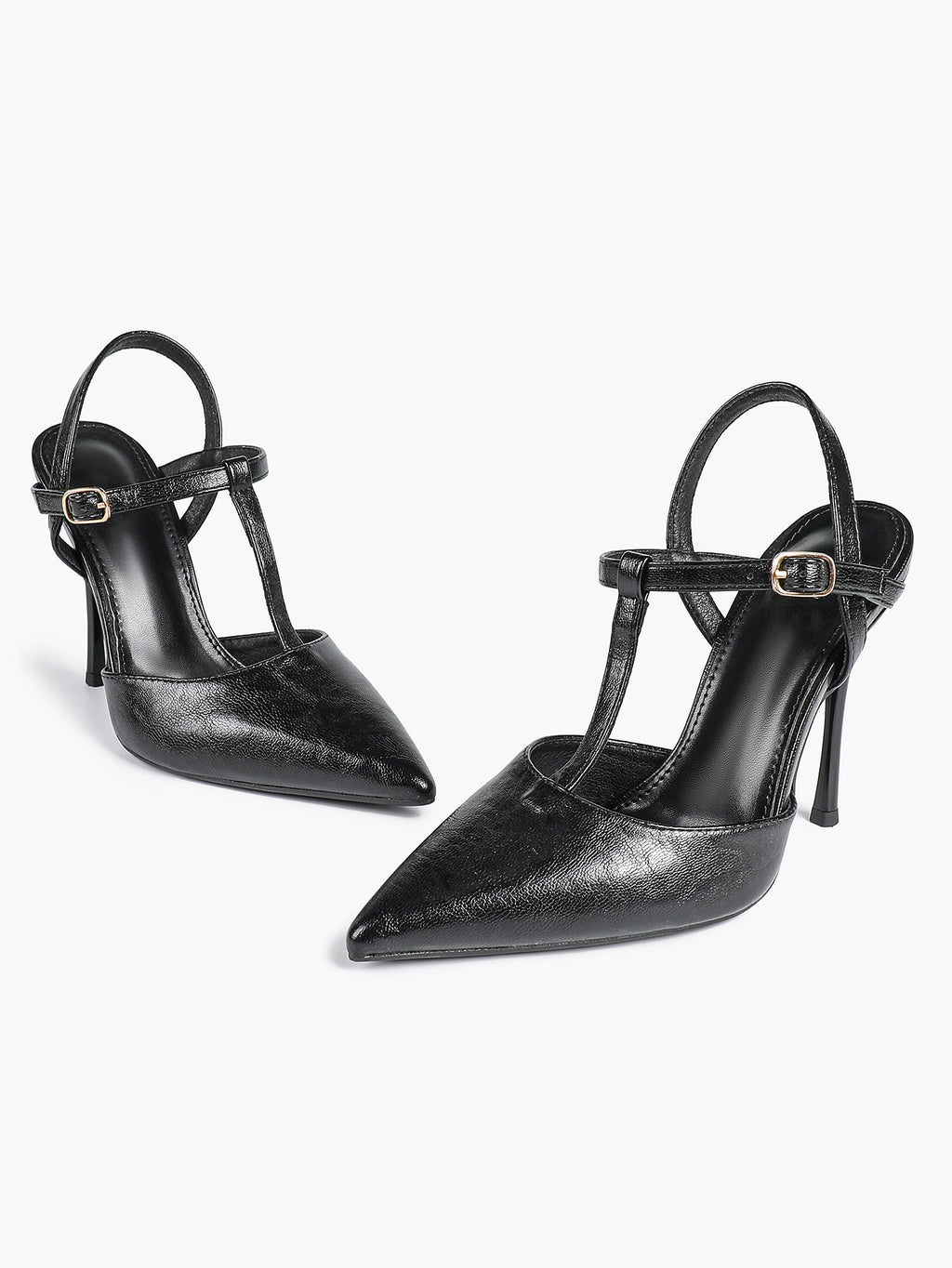 Black Textured Leather T-Strap Slingback Heeled Pumps Pointed Toe Stiletto Classic Pumps