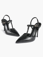 Black Textured Leather T-Strap Slingback Heeled Pumps Pointed Toe Stiletto Classic Pumps