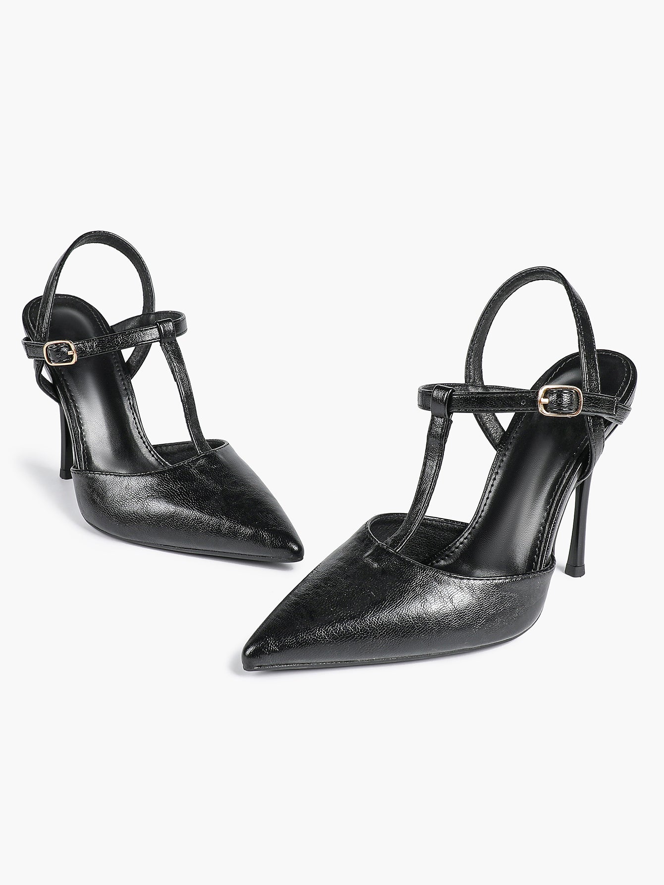 Black Textured Leather T-Strap Slingback Heeled Pumps Pointed Toe Stiletto Classic Pumps