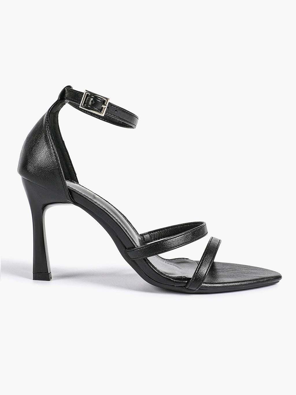 Black Leather Double Strap Heeled Sandals Open Toe - Casual Office Stiletto Pumps