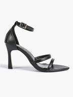 Black Leather Double Strap Heeled Sandals Open Toe - Casual Office Stiletto Pumps