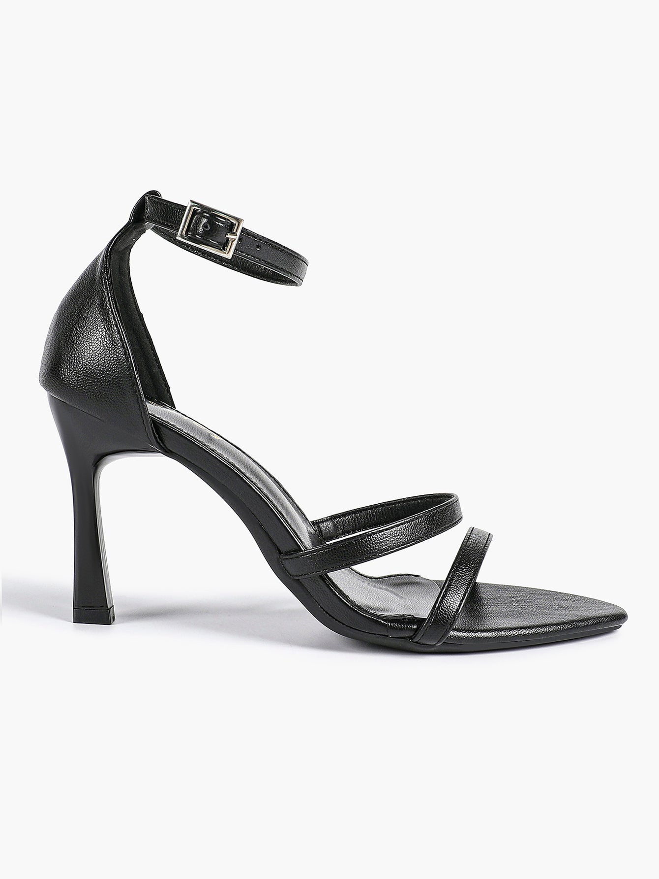 Black Leather Double Strap Heeled Sandals Open Toe - Casual Office Stiletto Pumps