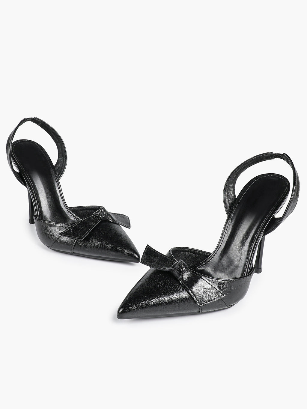 Black Leather Bow Slingback Heeled Pumps Pointed Toe Stiletto Office Evening Shoes