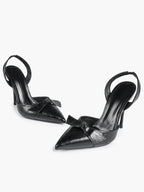 Black Leather Bow Slingback Heeled Pumps Pointed Toe Stiletto Office Evening Shoes
