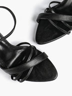 Women's Black Patent Leather Multi-Strap Ankle Strap Heeled Sandals - Summer Party Heels