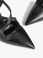 Women's Black Textured Leather Slingback Heeled Pumps Pointed Toe Stiletto Shoes Office Pumps