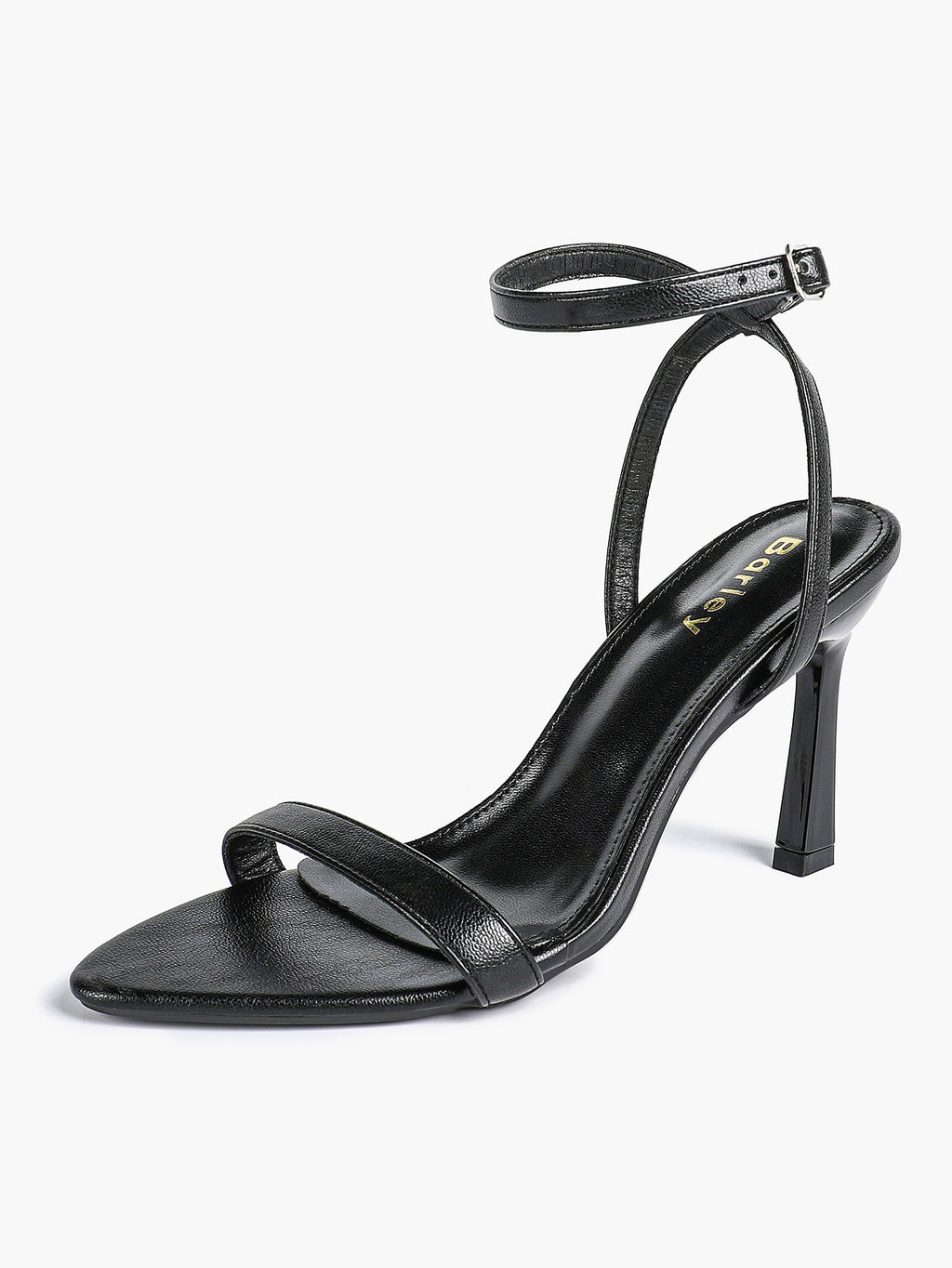 Black Leather Square Toe Ankle Strap High Heel Sandals