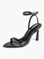 Black Leather Square Toe Ankle Strap High Heel Sandals